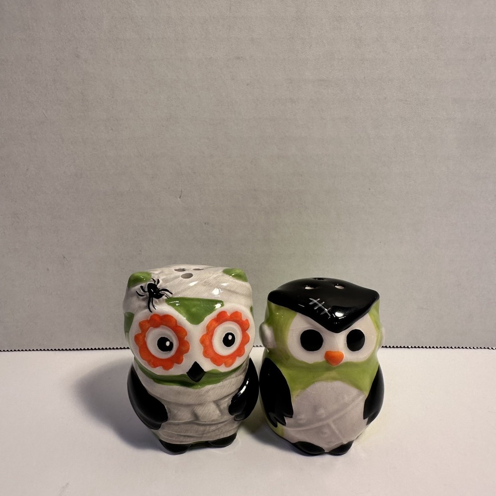 Halloween Colorful Ceramic Owl Salt Pepper Shakers Floral Green Black Bird Pair